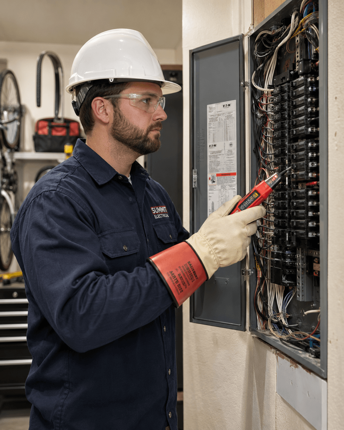Licensed electrician testing a residential breaker panel