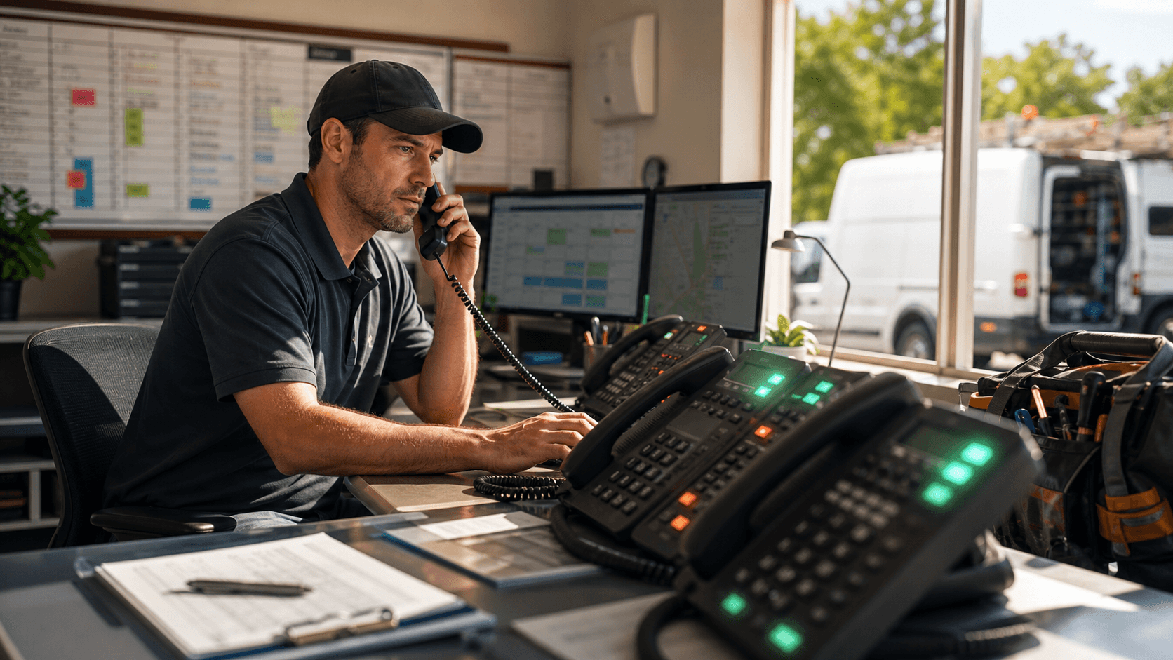 Busy HVAC dispatch desk with multiple ringing phones in peak season.