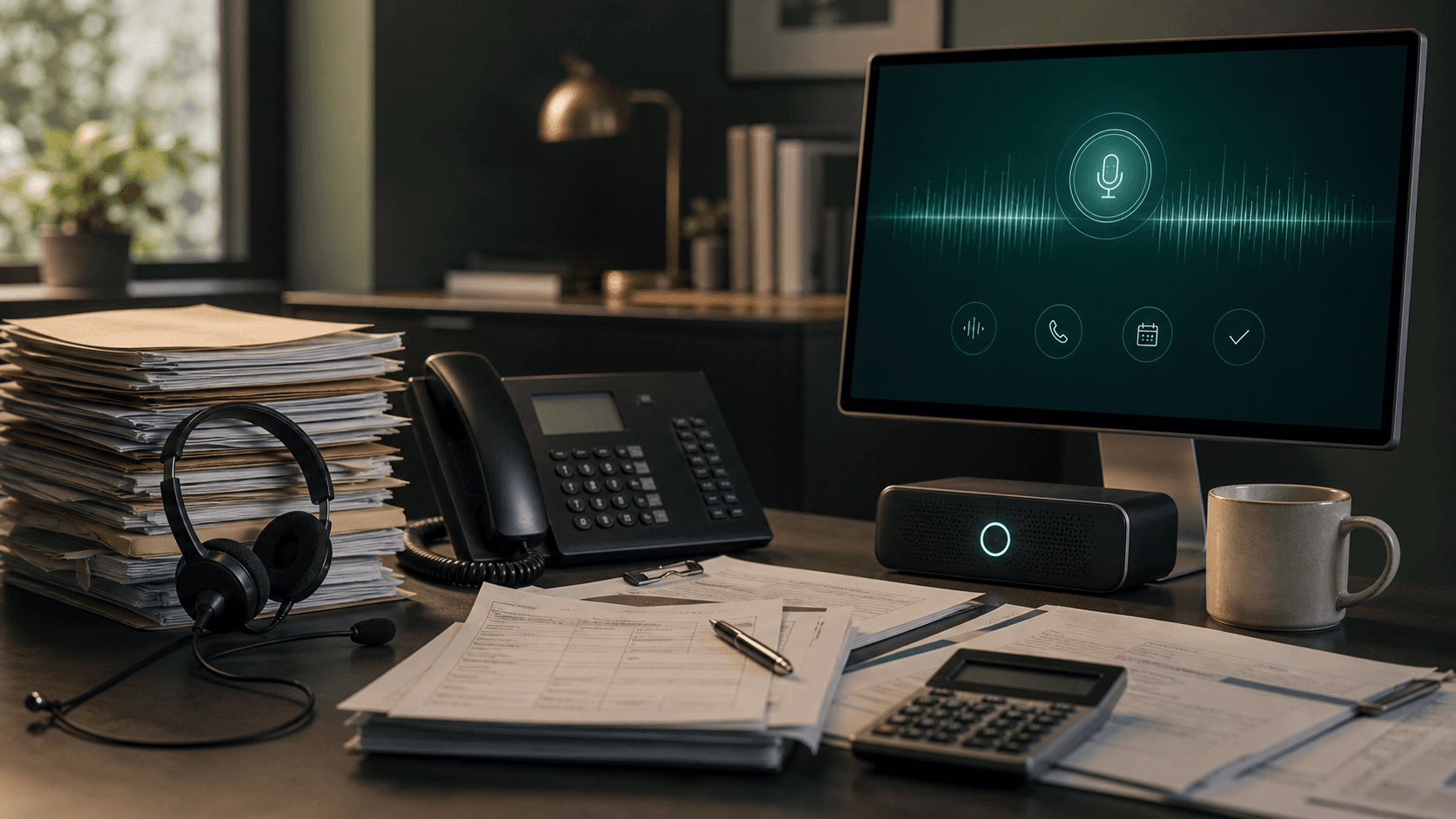 Editorial HVAC office desk comparing receptionist costs with AI call technology.