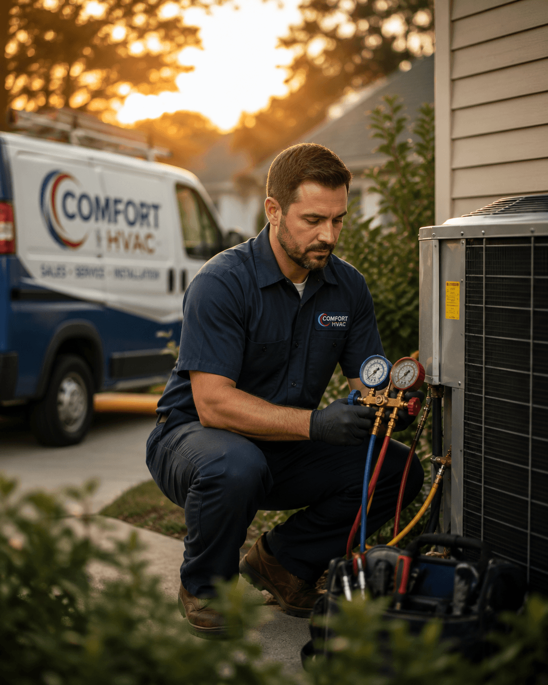 HVAC technician answering a call beside a rooftop condenser unit