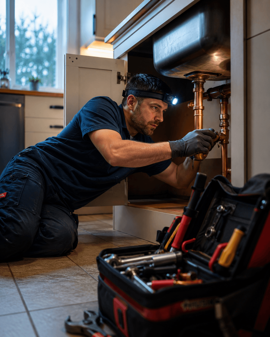Plumber working under a kitchen sink with a headlamp